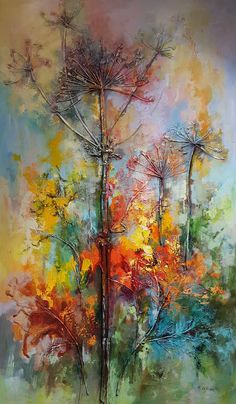 an abstract painting of trees with colorful leaves