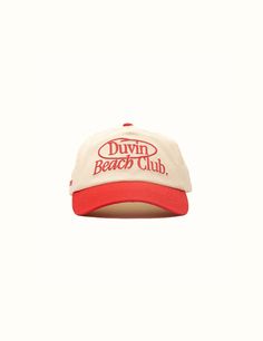 Beach Club Hat Cotton Twill Unstructured Plastic "Stay Front" inside Duvin branded woven label on back snap Summer Baseball Cap With Embroidered Logo And Flat Brim, Trendy 5-panel Baseball Cap For Beach, Casual Beach Hats With Embroidered Logo, Casual Beach Hat With Embroidered Logo, Beige Summer Hats With Embroidered Logo, Retro Red Beach Hat, Summer Baseball Cap With Embroidered Logo And Short Brim, Retro Summer Baseball Cap With Flat Brim, Casual Beach Baseball Cap With Embroidered Logo