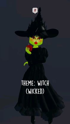 a woman in a witches costume holding an apple with the words theme witch wicked above her head