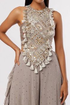 Grey georgette bandhani bustier with embroidered yoke. Comes with Mukaish georgette frill sharara. - Aza Fashions Embroidered Bustier, Payal Singhal, Sharara Set, Ali Khan, Set For Women, Aza Fashion, No Frills, Embroidery, For Women