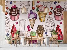 an ice cream shop wallpaper with lots of desserts