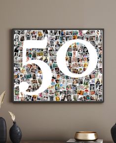 the number fifty five is surrounded by pictures and vases in front of a wall