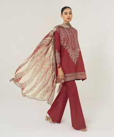 PRODUCT DETAILS Create a fashion forward statement with our wine red three-piece featuring a chiffon dupatta.Unstitched 3-PieceShirt:Printed Embroidered Lawn Shirt Front Panels 3PCPrinted Lawn Shirt Back And Sleeves 1.85MDyed Embroidered Organza Borders 2PCDyed Embroidered Organza Motifs 3PCFabric: LawnColour: Wine RedDupatta:Digital Printed Crinkle Chiffon Dupatta 2.5MFabric: Crinkle ChiffonColour: Wine Red and Off whiteTrousers:Dyed Cambric Trouser 2.5MFabric: CambricColour: Wine Red Red Designer Lawn Suit With Sheer Dupatta, Red Semi-stitched Lawn Suit With Sheer Dupatta, Red Georgette Kurta With Printed Motifs, Semi-stitched Red Lawn Suit With Sheer Dupatta, Red Lawn Suit With Sheer Dupatta For Eid, Elegant Red Lawn Suit For Eid, Formal Red Sets With Sheer Dupatta, Elegant Georgette Sharara With Printed Motifs, Elegant Semi-stitched Red Lawn Suit