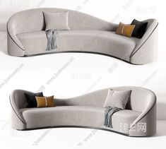 two images of a curved couch with pillows