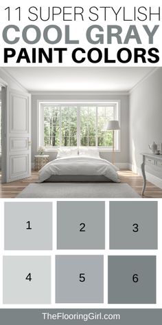 a bedroom with white walls and gray paint colors on the floor, along with text that reads 11 super stylish cool gray paint colors