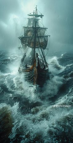 an old sailing ship in rough seas on a stormy day