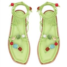 New Schutz / Anthropologie Gem Tie-Up Sandal In Lime Green Multi - Beaded Gladiator Womens Size 8 Decorated Straps Put A Unique Spin On The Gem Sandal, A Flat Silhouette That Has Been Crafted From Leather. Condition: New Never Worn , Retails $118 Atanado Leather| Tr Lining| Jelly Outsole Embellished Upper Flat Heel - 0.6in Lace-Up Closure Square Toe Counter Type: Open Tags: Boho Bohemian Festival Colorful Indie Contemporary Bright Summer Vacation Anthropolo Green Embellished Round Toe Sandals, Spring Beaded Sandals With Flat Heel, Spring Beaded Flat Sandals, Spring Embellished Sandals With Single Toe Strap, Spring Vacation Beaded Sandals, Summer Beaded Ankle Strap Sandals, Beaded Ankle Strap Sandals For Summer, Spring Beaded Ankle Strap Sandals, Tie Up Sandals