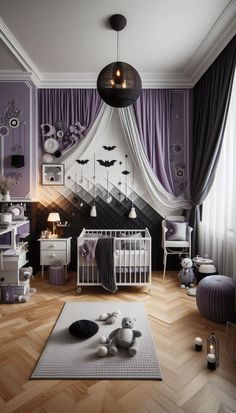 a baby's room decorated in purple and white