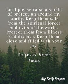 a forest filled with trees and the words, lord please raise a shield of protection around my family keep them safe from evil spirits