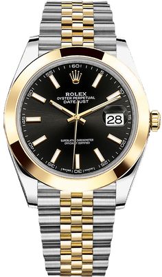 126303 | M126303-0014 ROLEX OYSTER PERPETUAL DATEJUST 41 MEN'S LUXURY WATCH Store Display Model (What's This?) - Free Overnight Shipping - With Manufacturer Serial Numbers - Swiss Made - Black Dial - Index Hour Markers - Polished Solid 18k Yellow Gold Domed Bezel - Date Feature - 70 Hour Power Reserve - Self-winding Automatic Chronometer Movement - Rolex Caliber 3235 - Vibrations Per Hour: 28,800 - Jewels: 31 - 6 Year Warranty - Guaranteed Authentic - Certificate of Authenticity - Manufacturer Box & Manual - Polished 904L Oystersteel Stainless Steel Case - Polished 18k Yellow Gold with Brushed 904L Oystersteel Stainless Steel Jubilee Bracelet - Scratch Resistant Sapphire Crystal - 100 Meters / 330 Feet Waterproof - 41mm = 1 5/8" Case, Will Fit up to 7.5" Wrist - Screw Down Crown & Case Bac Rolex Prices, Rolex Oyster Perpetual Datejust, Diamond Watches For Men, Rolex Watches For Men, Oyster Perpetual Datejust, Skeleton Watches, Expensive Watches, Vintage Watches For Men, Rolex Men