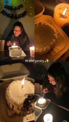 a woman sitting in front of a cake with candles on it