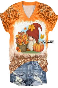 Get Ready For Fall~ Just only $19.99 Cute V-neck Top For Fall, Printed Short Sleeve T-shirt For Fall, Cute Multicolor Tops For Fall, Cute Printed Tops For Fall, Fall V-neck T-shirt With Letter Print, Fall Letter Print V-neck T-shirt, Cute Multicolor Fall T-shirt, Multicolor V-neck T-shirt For Fall, Gnome Pumpkin