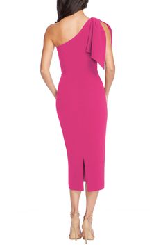 An elegant one-shoulder neckline and figure-hugging silhouette style a sophisticated midi dress with two panels that cascade over the single shoulder. 43 1/2" length (size Medium) One-shoulder neck Sleeveless Lined 97% polyester, 3% spandex Dry clean or machine wash, line dry Imported Special Occasion Pink Sleeveless One Shoulder Dress For Gala, Elegant Pink One Shoulder Dress, One Shoulder Midi Dress For Wedding Guest, Fitted One Shoulder Sleeveless Dress For Wedding Guest, Midi-length One Shoulder Dress For Wedding Guest, Pink One Shoulder Dress With Asymmetrical Neckline For Gala, Pink One-shoulder Dress For Gala, Pink One Shoulder Dinner Dress, Pink One Shoulder Dress For Dinner