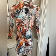 Fashionnova Brand New Dress -Single Lined Size X-Small 90% Polyester 10%Spandex Fitted Long Sleeve Mini Dress With Abstract Print, Fashion Nova Dress, Fashion Nova Dresses, Blue Orange, Sleeve Dress, Fashion Nova, New Dress, Colorful Dresses, Long Sleeve Dress