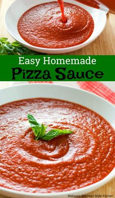 homemade pizza sauce is being poured into a white bowl with basil leaves on the side