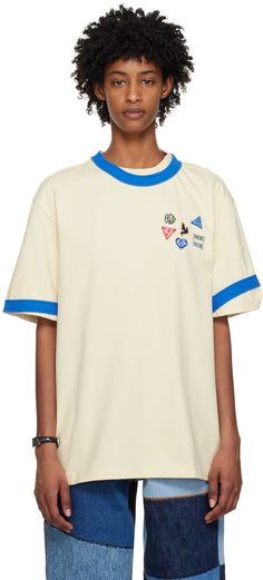 Cotton-blend jersey T-shirt. · Layered construction · Rib knit trim at crewneck and cuffs · Printed graphics and embroidered appliqués at chest · Logo flag at back Supplier color: Ivory Patch Tshirt, Nba Fashion, Ader Error, T Shorts, Layered Fashion, Knitted Tshirt, Color Ivory, Sports Shirts, Football Shirts