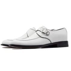 White Single Monk Shoes for Men’s Dress Shoes
White single monk shoes for men's crafted with premium quality genuine leather. We use high-quality materials, including premium full-grain genuine leather, which ensures durability, comfort, and an elegant appearance. We are specialized in highly customized handmade leather shoes for men. Our shoes are crafted by skilled artisans who meticulously create each pair by hand, paying attention to detail and using traditional craftsmanship techniques.
Key features of artisan-made shoes include:


 	Handcrafted for you by Our Craftsman
 	Crafted with Premium Quality Material
 	Unique Designs and Sustainability
 	Can be Customized and Personalized
 	No Mass Production – Only Made to Order

Handmade leather shoes offer unparalleled craftsmanship, ensur Formal Monk Strap Shoes With Round Toe, Formal Monk Strap Shoes With Almond Toe, Semi-formal Slip-on Monk Strap Shoes With Pointed Toe, White Goodyear Welted Dress Shoes For Business, Business Monk Strap Shoes With Stitched Sole, Monk Strap Shoes For Galas With Removable Insole, Formal Monk Strap Shoes With Stitched Sole, Timeless Monk Strap Shoes For Galas With Round Toe, White Formal Loafers With Plain Toe