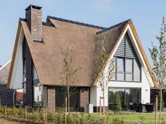 a large house with a thatched roof