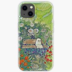 a phone case with an image of a ghost sitting on a bench surrounded by flowers