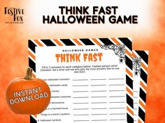 a printable halloween game for kids with a pumpkin on it and the words think fast