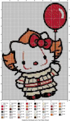 a cross stitch pattern with a hello kitty holding a red balloon in it's hand