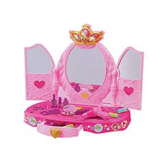 a pink princess vanity set with mirror and jewelry box on it's side,