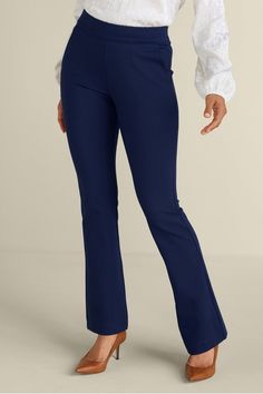 Fall's essential silhouette, the bootcut pant, is better than ever in our gently sculpting ponte fabric. A smoothing tummy control panel shapes and slims your curves, while the stretchy fabric offers comfort from desk to dinner to destination getaway. Full elastic waist, front slant pockets, single back welt pocket. Sits at natural waist. Tunic Leggings, Ponte Fabric, Suede Fashion, Jumpsuit Skirt, Bootcut Pants, Fall Essentials, Velvet Fashion, Control Panel, Dress With Cardigan