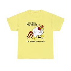 This retro cartoon tee featuring Foghorn Leghorn is a must-have for any occasion! The unisex tee is like the superhero of your closet, ready to rescue any outfit. Just add a splash of your personal flair to turn it into a fashion masterpiece. With its super soft fabric, this tee is a canvas for vibrant and crisp designs. Say goodbye to pesky side seams and hello to extra durability with taped shoulders. We also do this print design on mugs please click the below: https://www.etsy.com/uk/listing/ Pop Culture Yellow Short Sleeve T-shirt, Yellow Pop Culture Short Sleeve T-shirt, Yellow Short Sleeve Pop Culture T-shirt, Yellow Short Sleeve T-shirt Pop Culture, Yellow Pop Culture T-shirt With Character Print, Yellow Pop Culture Character Print T-shirt, Funny Cotton T-shirt With Cartoon Print, Funny Text Tops For Fan Merchandise, Funny Crew Neck T-shirt With Character Print