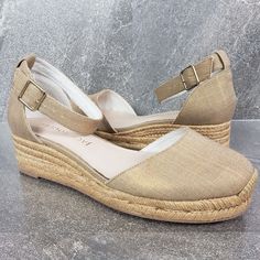 Jack Rogers Pamler Espadrilles Sandals 9.5m Wedge Heels, Ankle Strap, Whipstitch Detailing Synthetic Raffia Upper, Cotton Lining, Rubber Sole Closed Toe Wedges, Espadrilles Sandals, Gold Espadrilles, Espadrille Sandals, Jack Rogers, Shoes Womens, Espadrille Shoes, Wedge Heels, Wedge Sandals