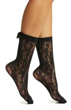 A neat bow trims the back of inky lace socks that were destined to be seen. Nylon/spandex Hand wash, dry flat Imported Lace Sock, Grosgrain Ribbon Bows, Cashmere Socks, Sheer Socks, Lace Socks, Fall Winter Wardrobe, Sheer Tights, Fishnet Tights, Black High Heels