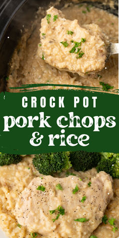 collage of creamy crock pot pork chops and rice Crockpot Pork Chops And Rice Slow Cooker, Crock Pot Pork Chops And Stuffing, Pork Chop And Rice Crock Pot Recipes, Crock Pot Pork Chops And Rice, Pork Chops And Rice In Crockpot, Instant Pot Pork Chops And Rice, Crockpot Pork Chops And Rice, Pork Steak Recipes Crock Pot, Crockpot Pork Steaks