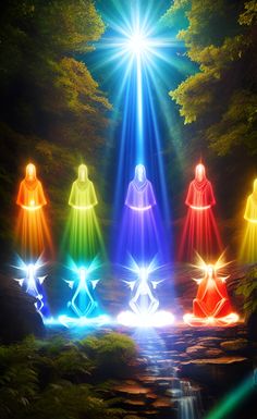 the seven chakras are lit up in different colors and shapes, with water running through them