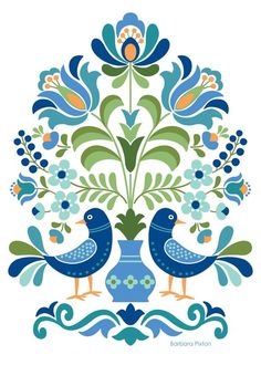 two birds sitting on top of a vase with flowers in the middle and leaves around it