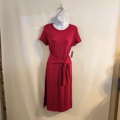 Time And Tru Tie Waist Knit Dress Approx. 42" Long With 6" Splits On Both Side Purple Crew Neck Dress For Spring, Long Casual Purple Dress, Casual Long Purple Dress, Casual Purple Midi Dress For Daywear, Short Tiered Dress, Coral Sundress, Waist Tie Dress, Pink Cotton Dress, Ruffle Tiered Dress