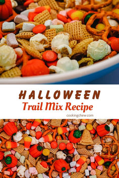 Quick and easy Halloween trail mix recipe perfect for parties Monster Trail Mix Recipes, Harvest Trail Mix Recipe, Halloween Trail Mix Recipe For Kids, Fall Movie Night, Party Mix Snacks, Trail Mix Recipe