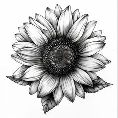 a black and white drawing of a large sunflower with leaves on it's petals