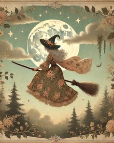 a painting of a witch flying through the air with her broom in front of a full moon