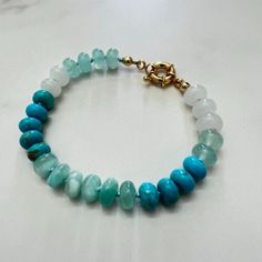 Blue Ombre Moonstone, Turquoise, Quartz & Jade Hand Knotted Beaded Bracelet Gold | eBay Turquoise Bracelets, Jewelry Making Business, Jewerly Beads, Turquoise Bead Bracelet, Bracelet Knots, Moonstone Bracelet, White Jade, Green Quartz, Blue Ombre