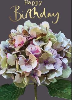 a happy birthday card with flowers and leaves