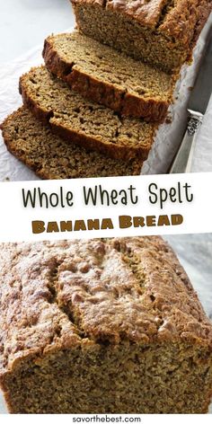 whole wheat speltt banana bread is cut in half and stacked on top of each other