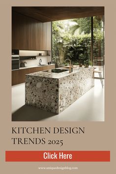 the kitchen design trend is here in this brochure, it shows an island countertop and cabinets