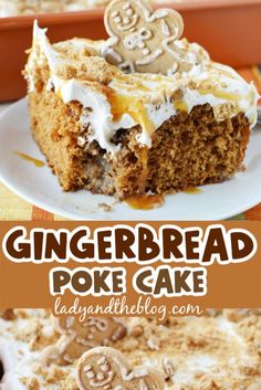 gingerbread poke cake with white frosting and pretzels on top is shown