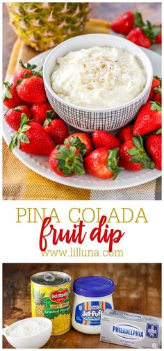 pine colada fruit dip with strawberries and yogurt