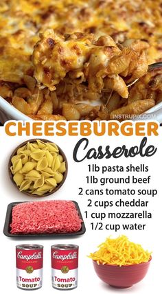 the ingredients for cheeseburger casserole are shown in this recipe, including ground beef and macaroni and cheese