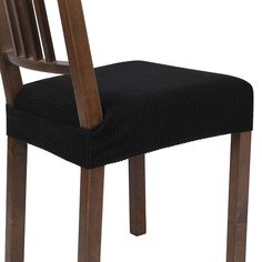 a wooden chair with a black seat cushion