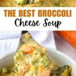 broccoli cheese soup in a white bowl