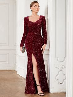 Sparkling sequins cover this show-stopping front slit evening dress. Fitted long sleeves and a plunging sweetheart neckline with darts on the front complement a stunning bodycon floor-length silhouette, making this glamorous evening dress a show-stopping style worthy of your next formal event or special occasion. Fit: Please refer to size chart. Length: Floor length. Sleeve Style: Long sleeves. Closure: It is concealed a zipper up the back. Undergarments: It is not padded, with lining. Fabric:Th Bodycon Gown, Glamorous Evening Dresses, Formal Maternity Dress, Bodycon Evening Dress, Custom Size Dresses, Long Sleeve Sequin, Formal Dresses For Weddings, Red Carpet Dresses, One Piece Dress