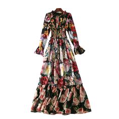 Make a bold and colorful statement in our vibrant Wild Floral Maxi Dress. Perfect for summer weddings, special occasions, and days when you want to feel a little extravagant, this stunning maxi features a cinched waist, flounce sleeves, and a full flowing skirt. Pair with heeled sandals and stacked gold rings for a beautiful bohemian look. Maxi Dress Stores, Holiday Maxi Dress, Runway Dresses, Chiffon Ruffle, Women Maxi, Ruffled Maxi Dress, Long Sleeve Maxi, Garden Toys, Types Of Skirts