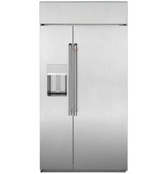 a stainless steel refrigerator freezer with two doors and one ice maker on the side