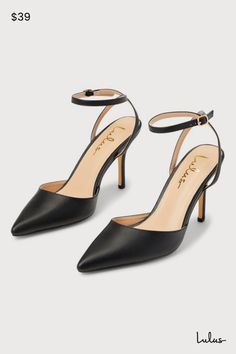 You're sure to be the classiest babe in the room when you have the Lulus Azalian Black Pointed-Toe Ankle Strap Heels! Smooth faux leather shapes these must-have heels that feature a pointed-toe upper with a low-cut collar and a slender adjustable ankle strap that secures with a gold buckle. A classic stiletto heel completes the sophisticated look! 3. 5" wrapped stiletto heel. Cushioned insole. Rubber sole has nonskid markings. All Man Made Materials. Imported. Lulus | Azalian Black Pointed-Toe A Black Pointed Heels, Ankle Tie Heels, Work Heels, Black Ankle Strap Heels, Black Stiletto Heels, Black Shoes Heels, Fresh Shoes, Size 11 Heels, Pointed Heels